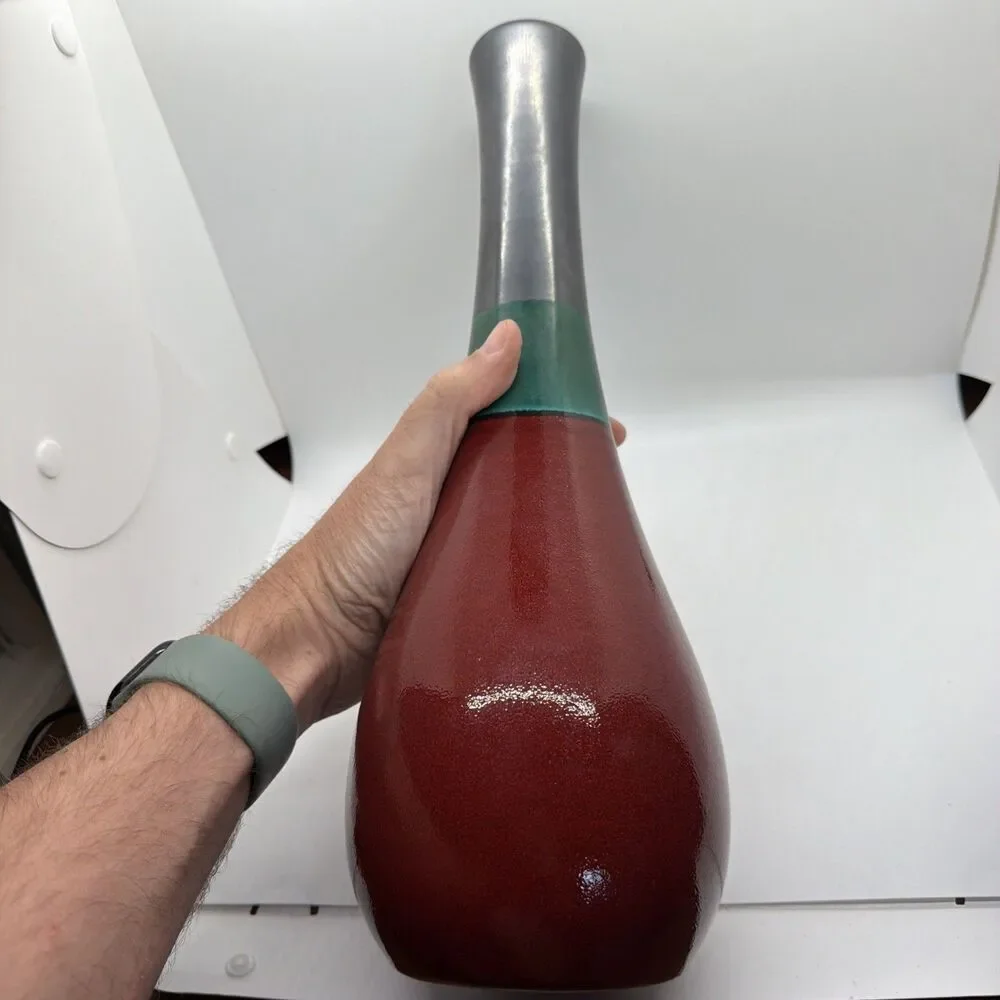 DESTINOS S.A. Vintage Glazed Red & Green 15” Vase Made in Portugal